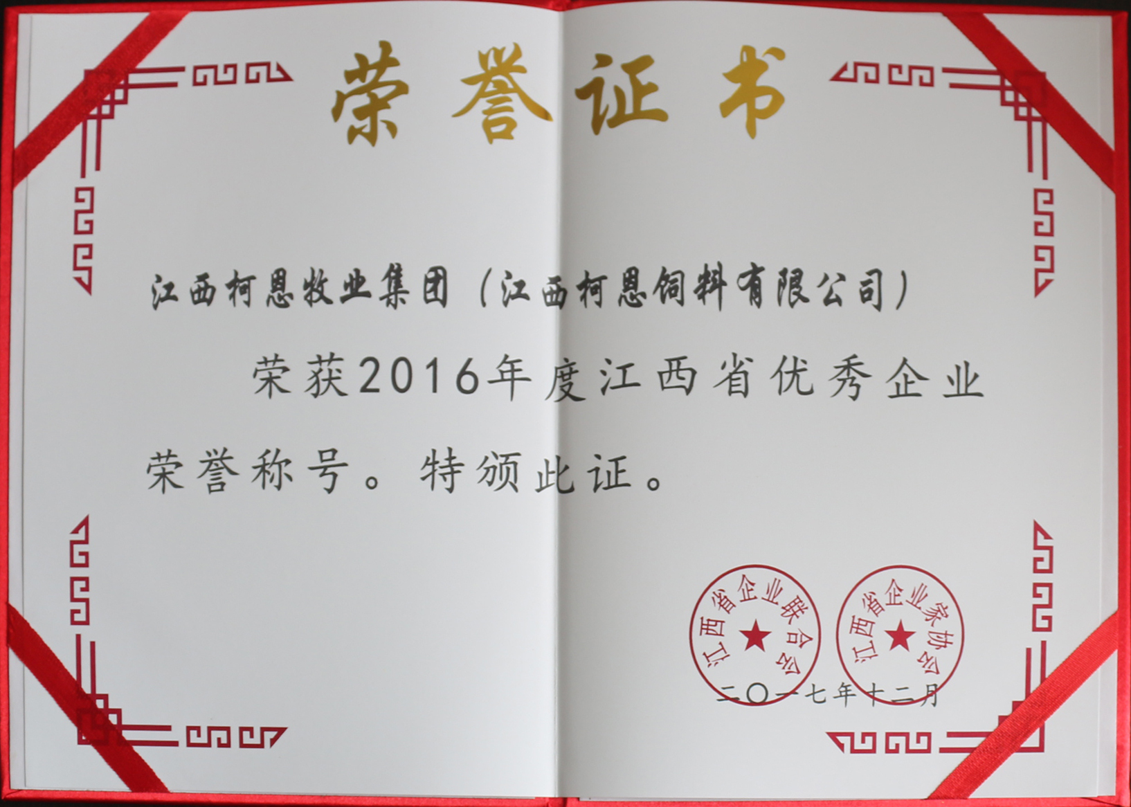 2016年度江西省优秀企业荣誉证书