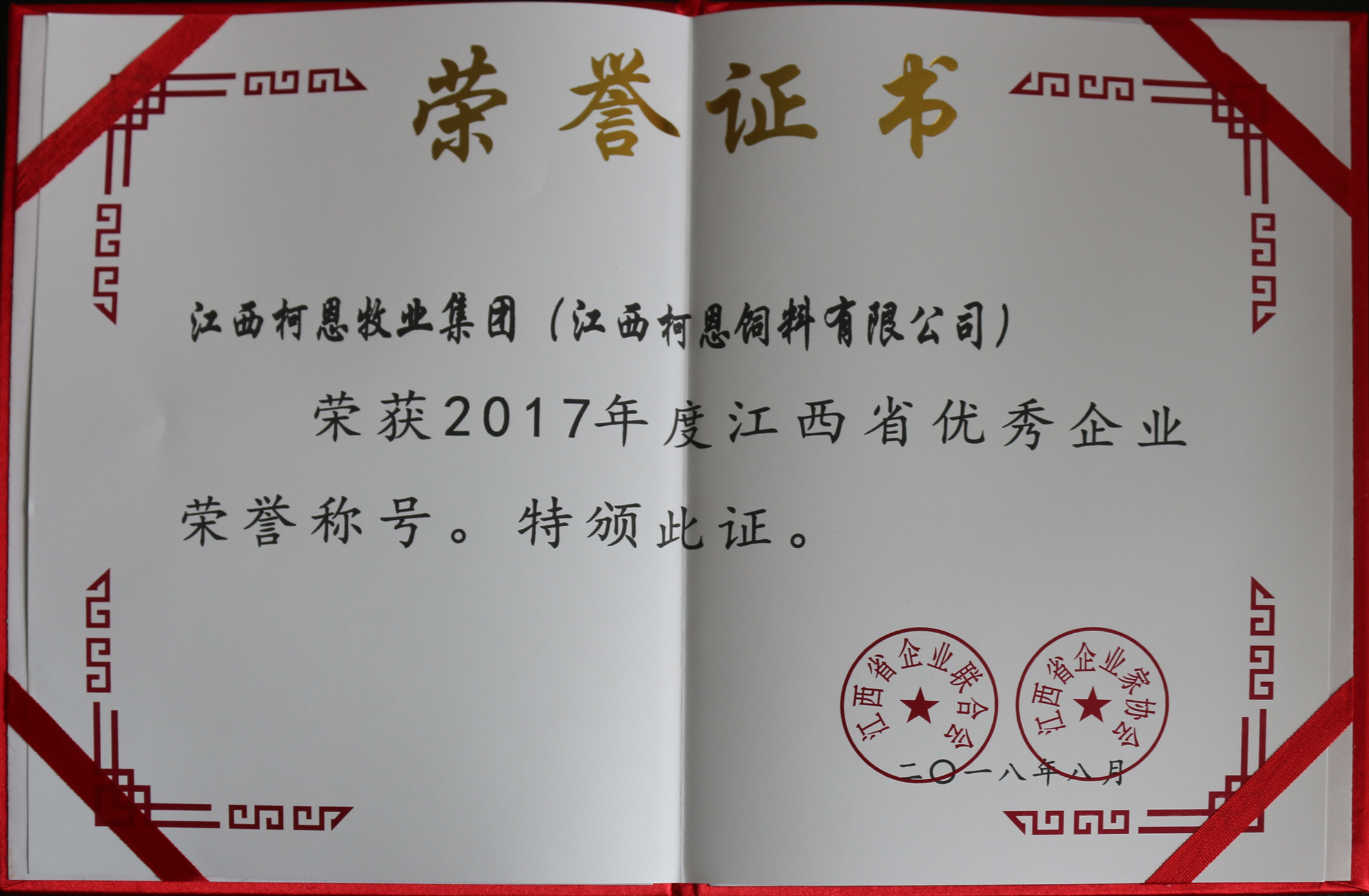 2017年度江西省优秀企业荣誉证书