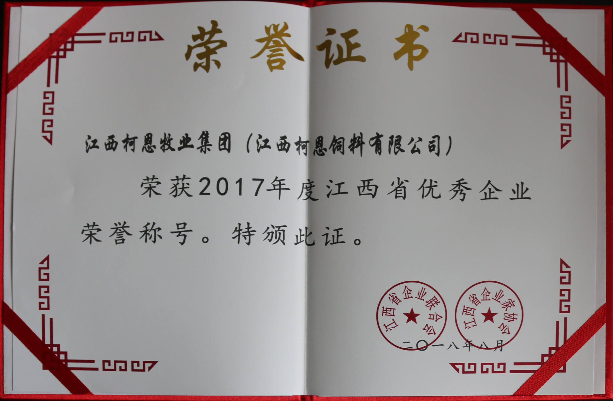 2017年度江西省优秀企业荣誉证书
