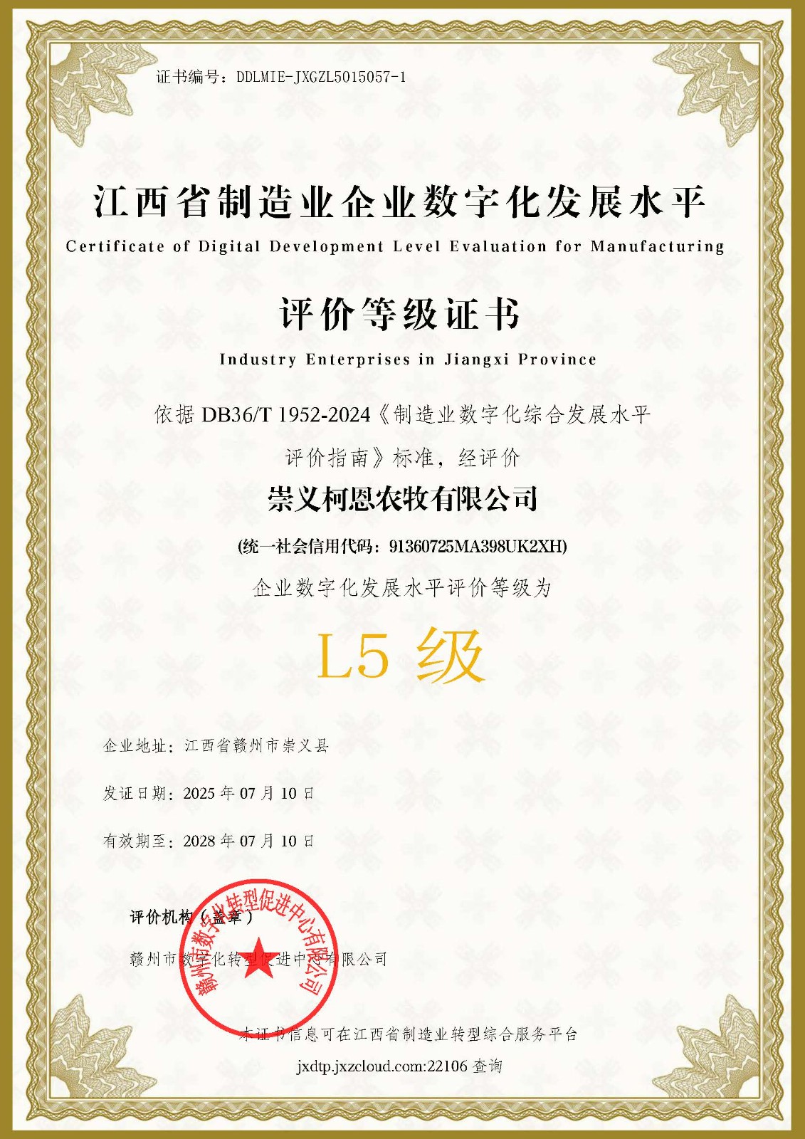 数字化发展水平L5等级证书（崇义柯恩）